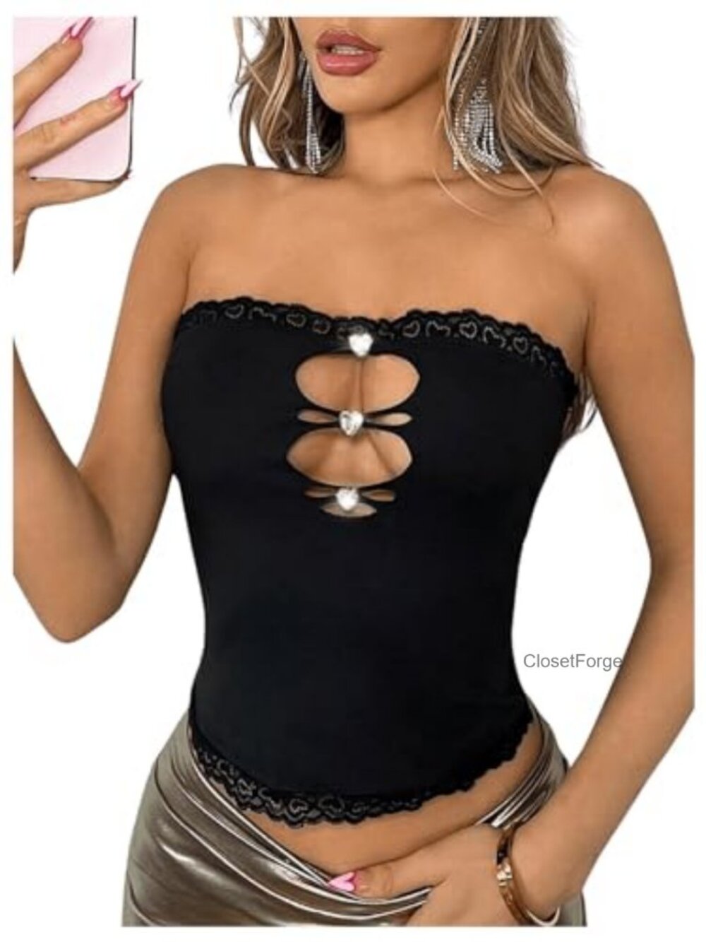 Sexy Cut Out Lace Trim Strapless Crop Tube Top Y2K Bandeau Slim Fit